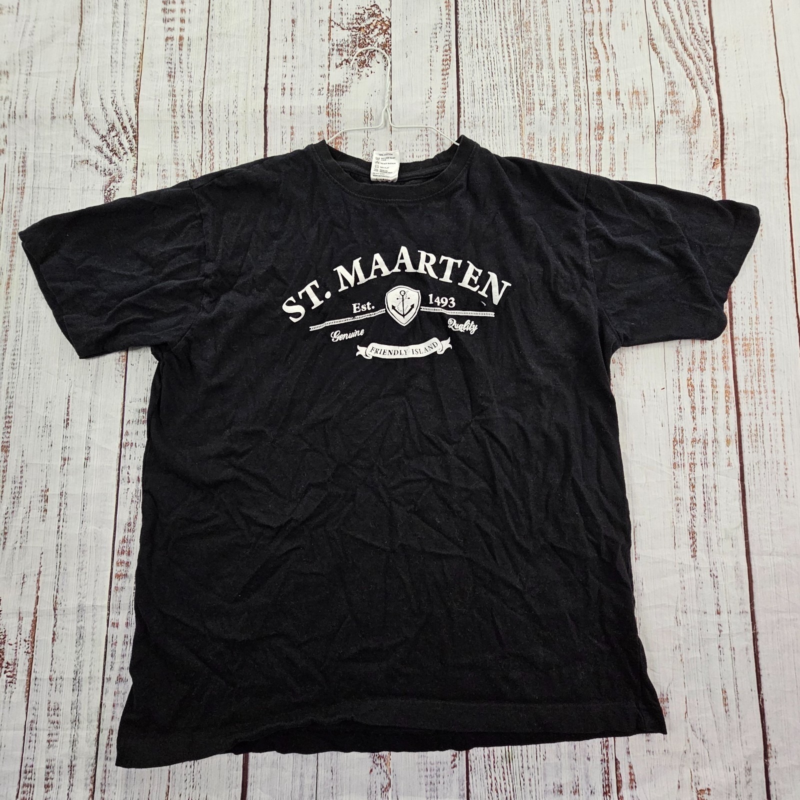 St Maarten Friendly Island Black Short Sleeve Cotton T-Shirt Women's L